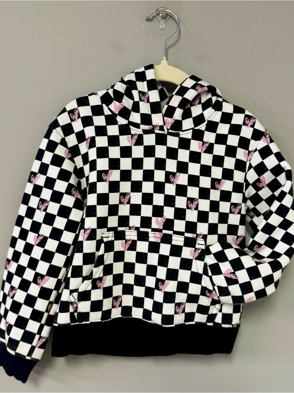 Girls Black & White Checkered Hoodie with Pink Heart Details